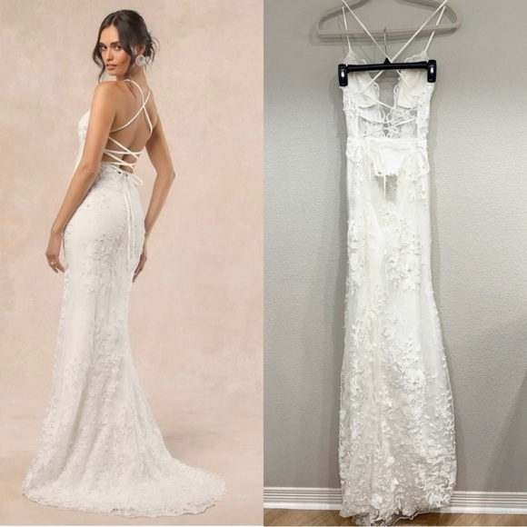 Sz 4 NWOT Lulus Enchanting Eternity Ivory Pearl Lace-Upâ Backless Maxi Dress - Picture 3 of 9